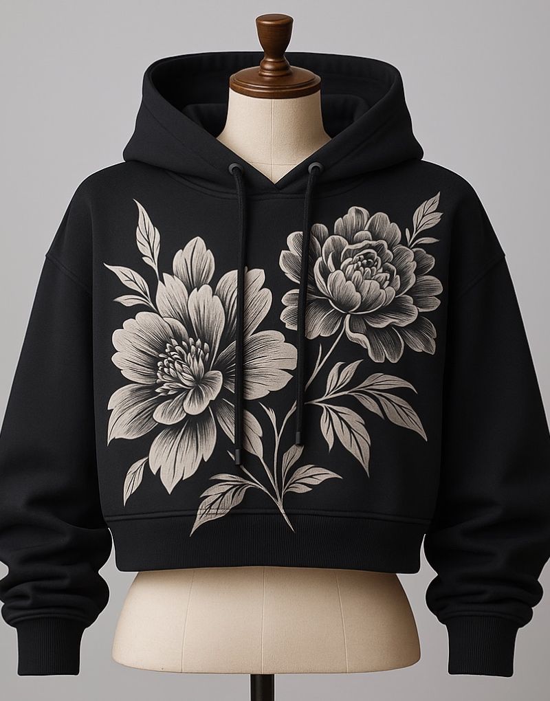 Schwarzer Cropped Hoodie mit weißem floralem Frontdesign auf Schneiderpuppe vor hellem Hintergrund
