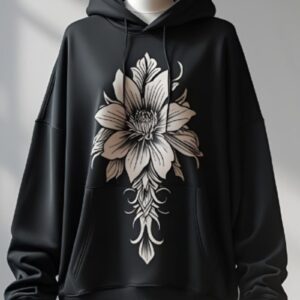 Schwarzer Unisex-Hoody mit weißem floralem Frontdesign auf Schneiderpuppe vor hellem Hintergrund