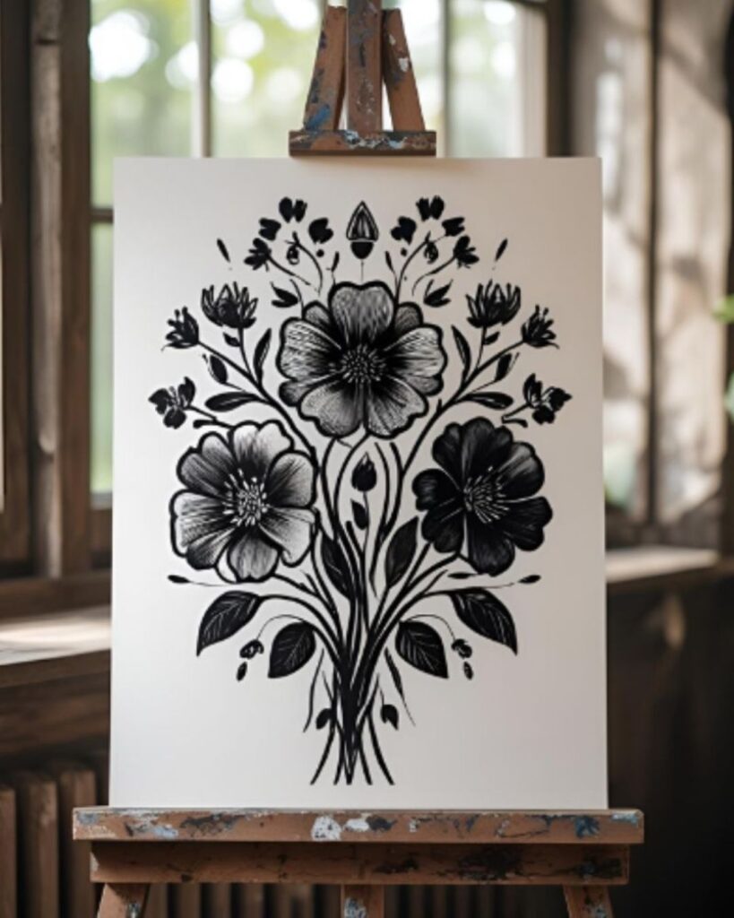 Kunstprint mit Blackwork Flower Design in Schwarz-Weiß auf hochwertigem Papier