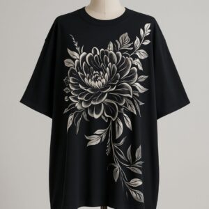 Schwarzes „Blackflower“ T-Shirt von Wolkenware mit floraler Tattoo-Illustration, präsentiert auf Schneiderpuppe – Streetart-inspirierte Mode