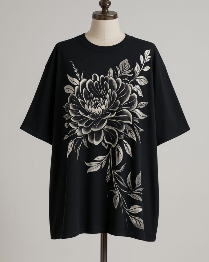 Schwarzes „Blackflower“ T-Shirt von Wolkenware mit floraler Tattoo-Illustration, präsentiert auf Schneiderpuppe – Streetart-inspirierte Mode