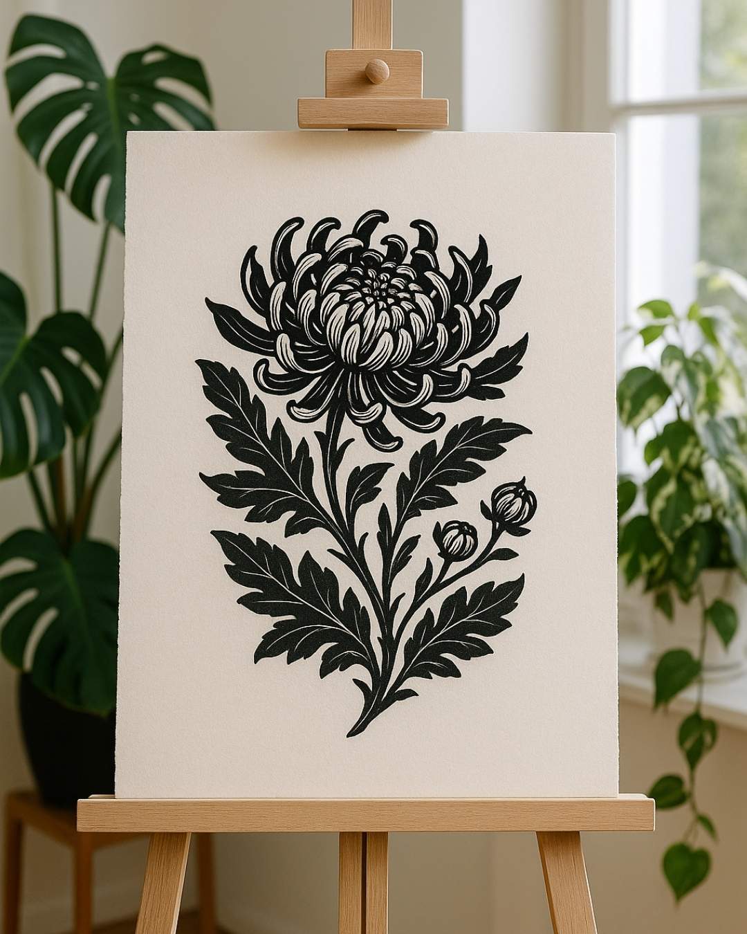 Chrysanthemen-Print im Blackwork-Tattoo-Stil auf hochwertigem Papier, präsentiert auf einer Holzstaffelei in hellem Raum mit grünen Zimmerpflanzen im Hintergrund.
