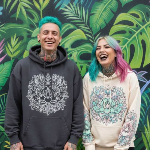 Zwei Models tragen Oversized Hoodies mit Design-Prints vor einer grünen Dschungel-Graffiti-Wand. Liks trägt Dark Flower Hoodie, rechts trägt weißen Hoodie.
